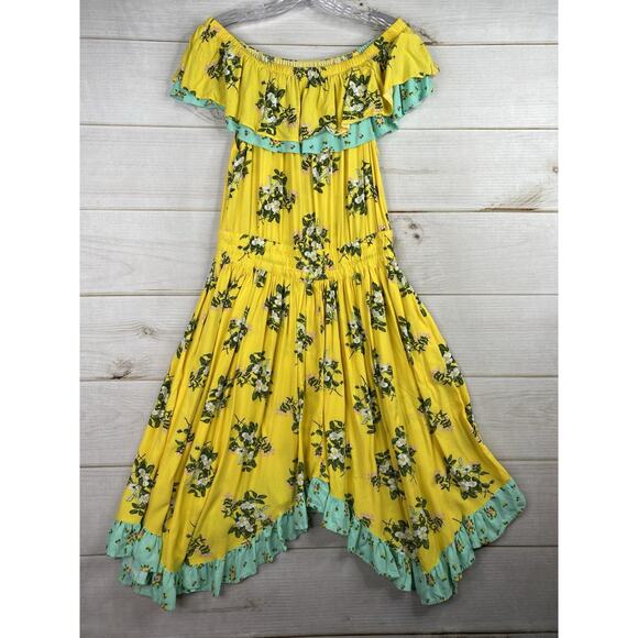 Matilda Jane Dress Sz M Hooked on a Feeling Yellow Off Shoulder Boho Floral - Picture 1 of 11